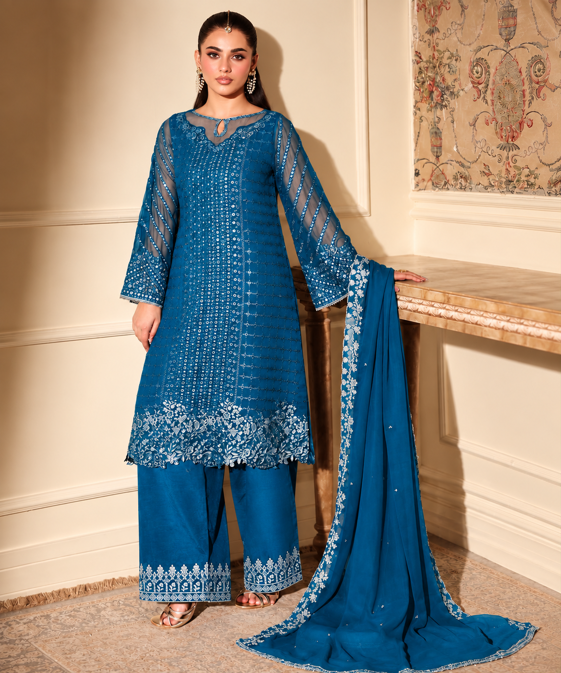 Elegant Teal Blue Embroidered Salwar Kameez with Dupatta