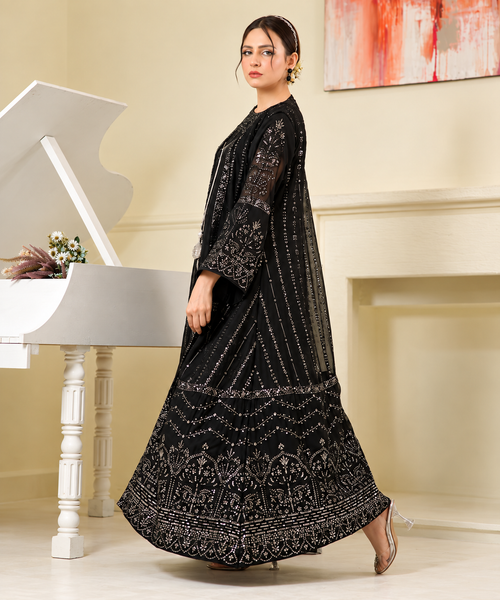 4pc heavy embroidered chiffon dress.black colour