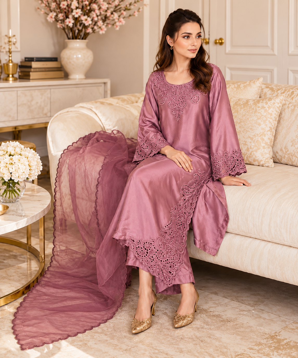 Mauve Rose Satin Embroidered 3-Piece Suit