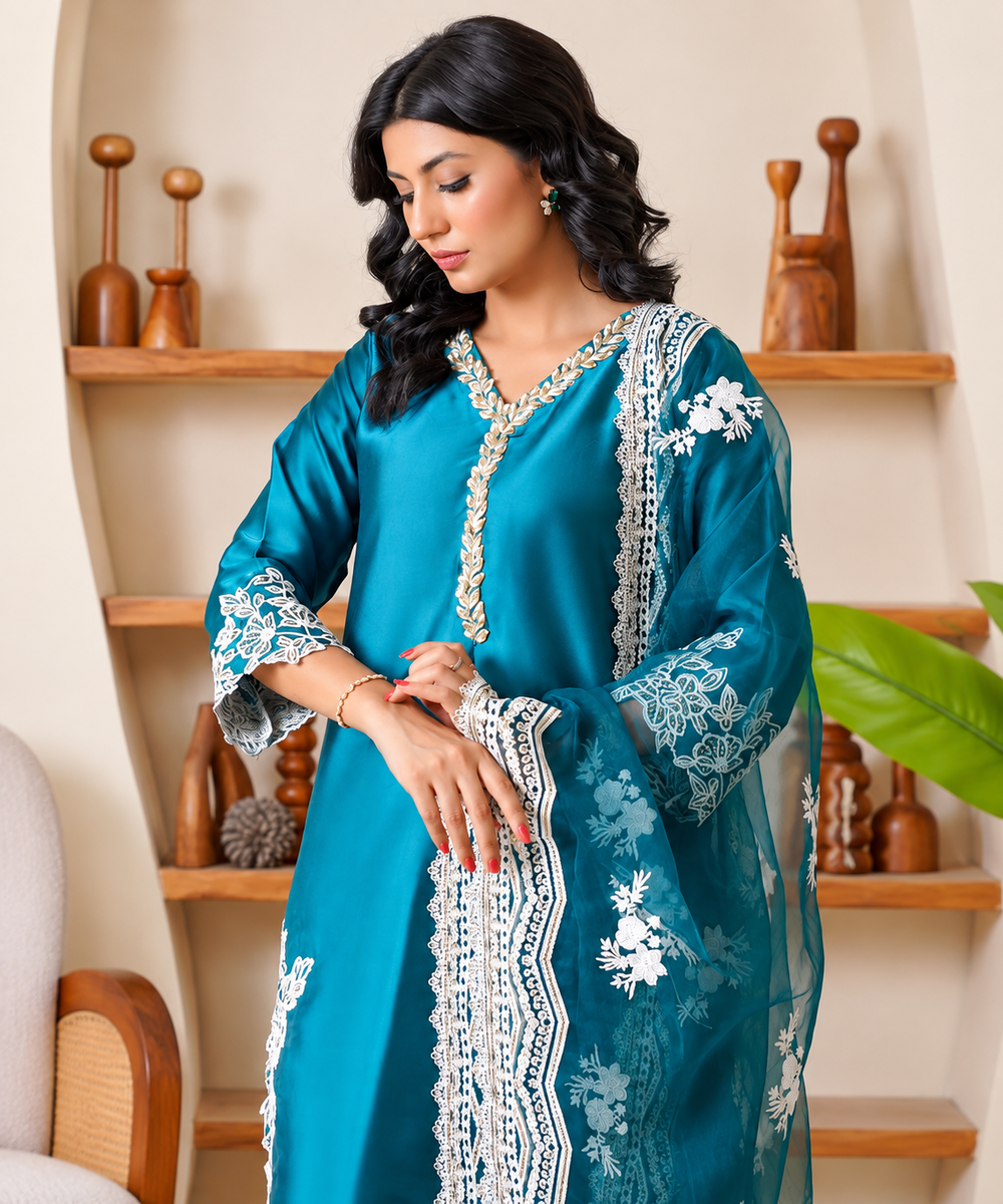 Teal Blue Embroidered Luxury 3-Piece Suit