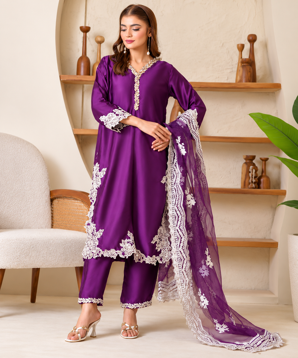 Royal Purple Satin Embroidered 3-Piece Suit