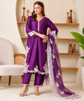 Royal Purple Satin Embroidered 3-Piece Suit