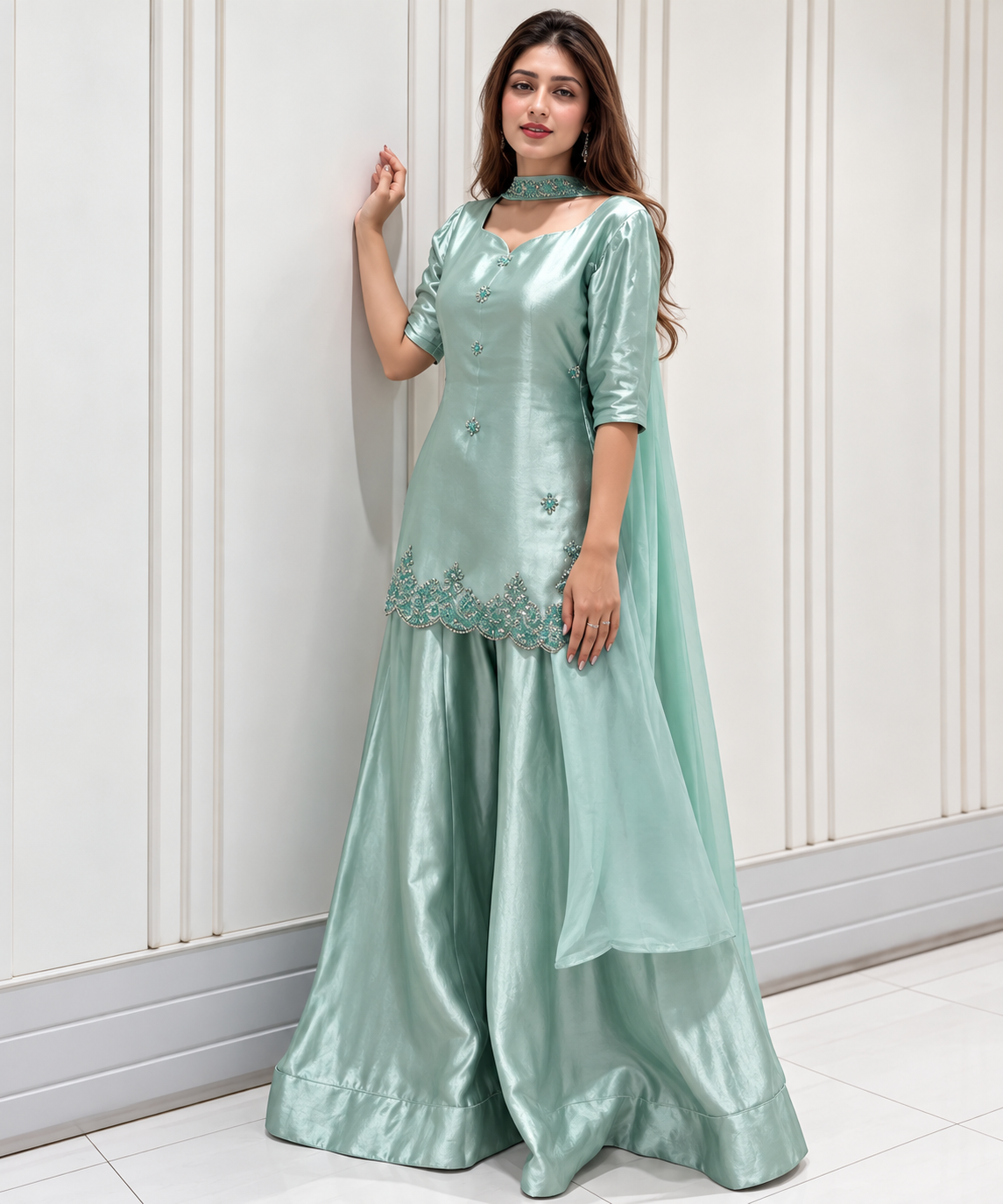 Mint Green Satin Embroidered 3-Piece Suit