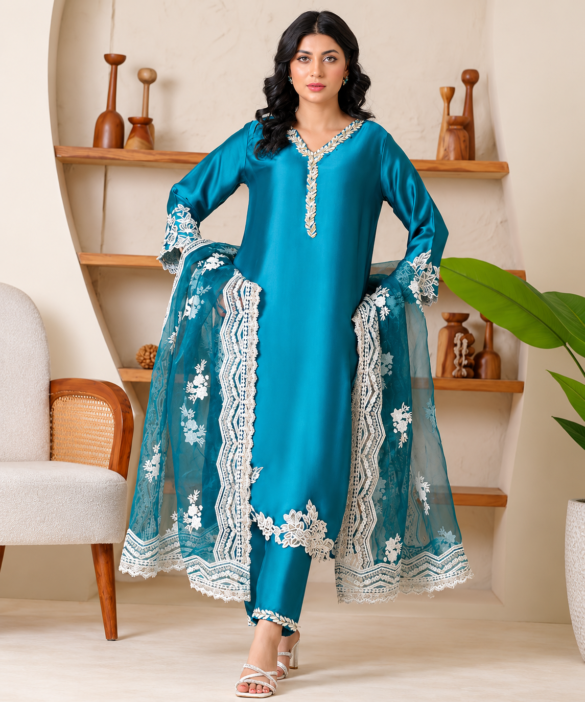 Teal Blue Embroidered Luxury 3-Piece Suit