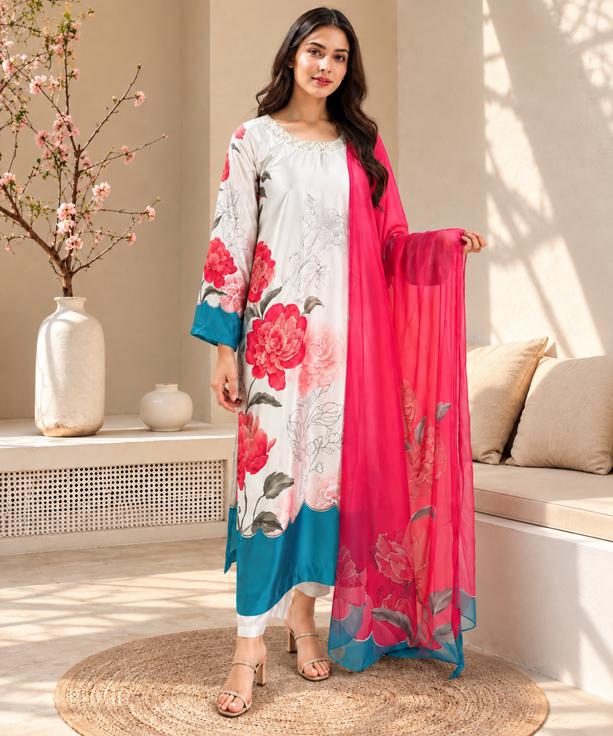 White Floral Printed 3-Piece Pakistani Suit with Pink Dupatta