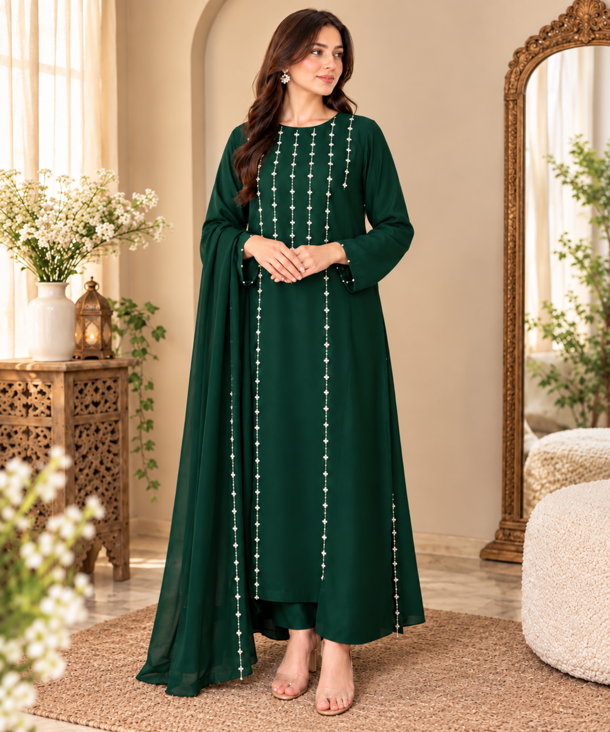 Emerald Green Embroidered Pakistani 3-Piece Suit