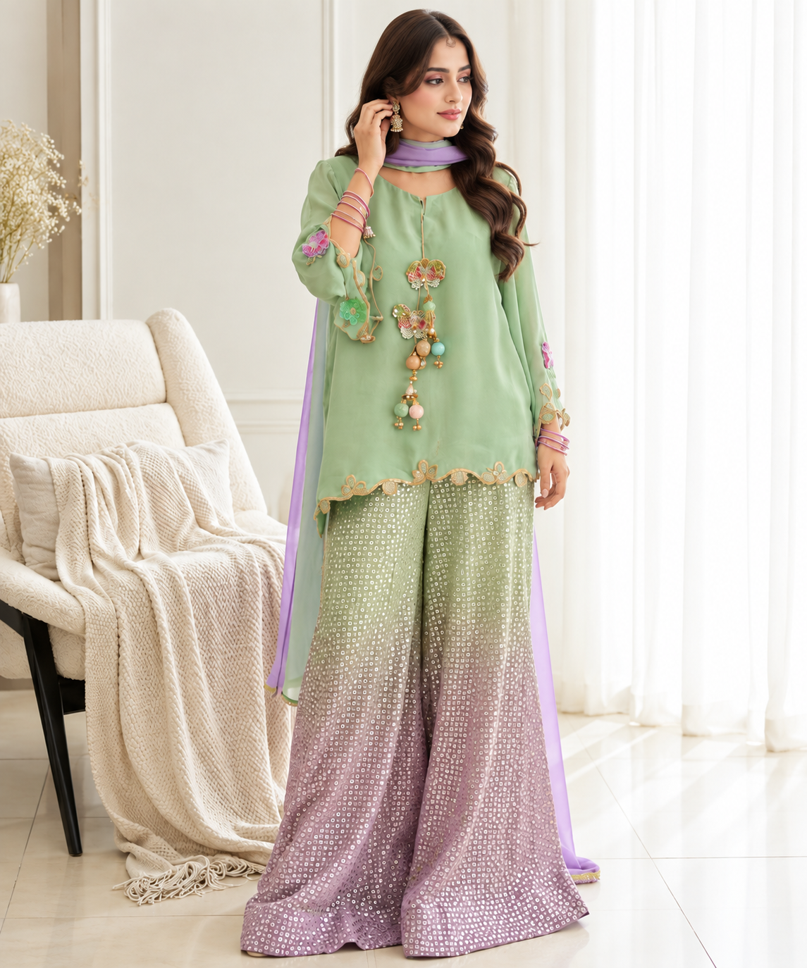 Mint Green & Lavender Embroidered Palazzo Suit