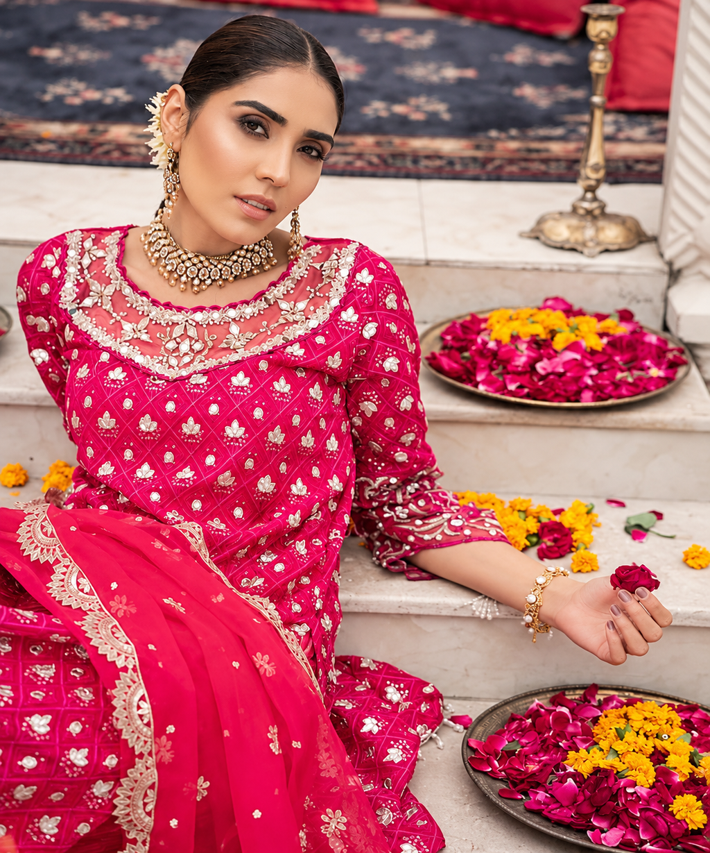 Fuchsia Pink Embroidered Festive Sharara Suit