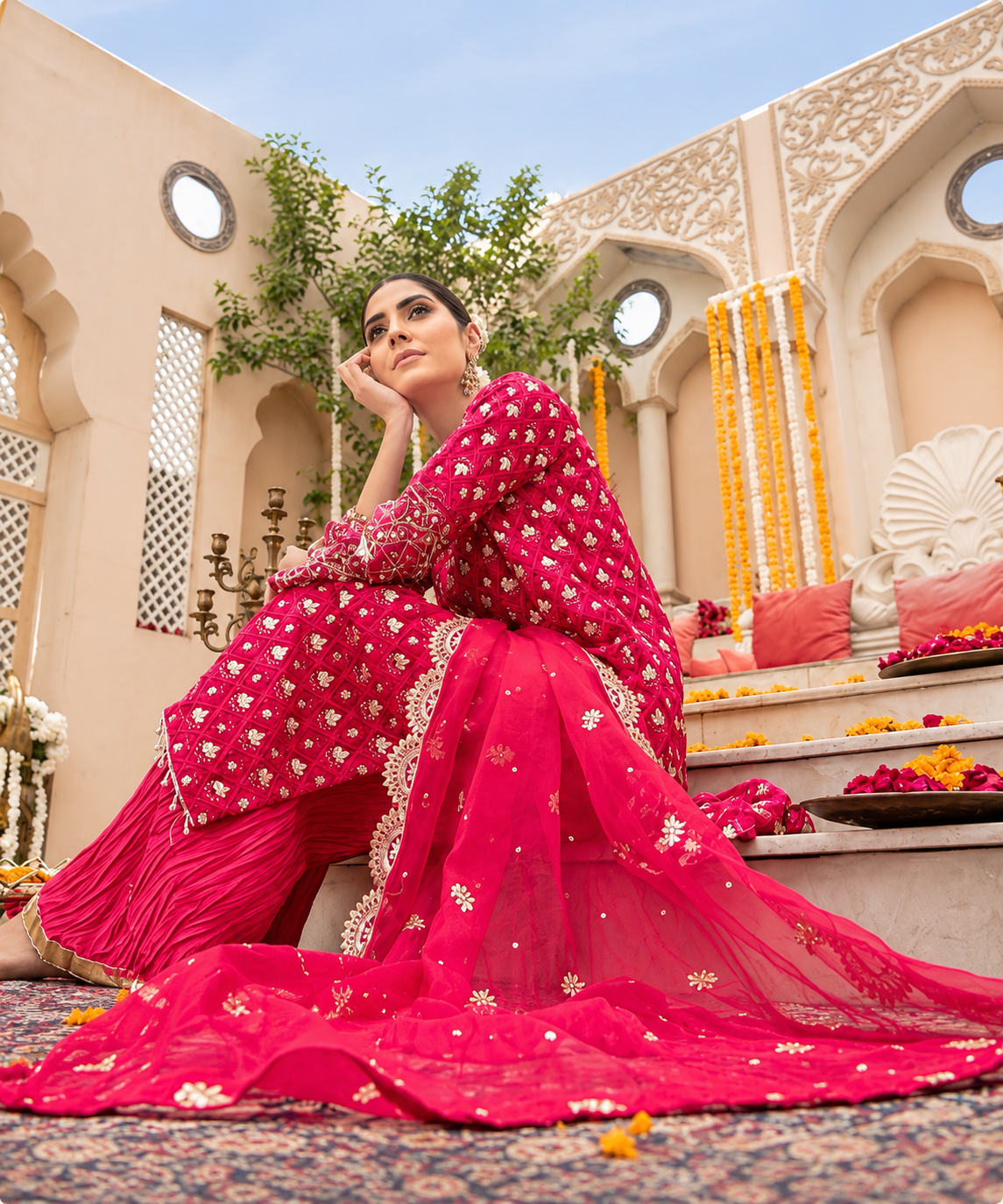 Fuchsia Pink Embroidered Festive Sharara Suit
