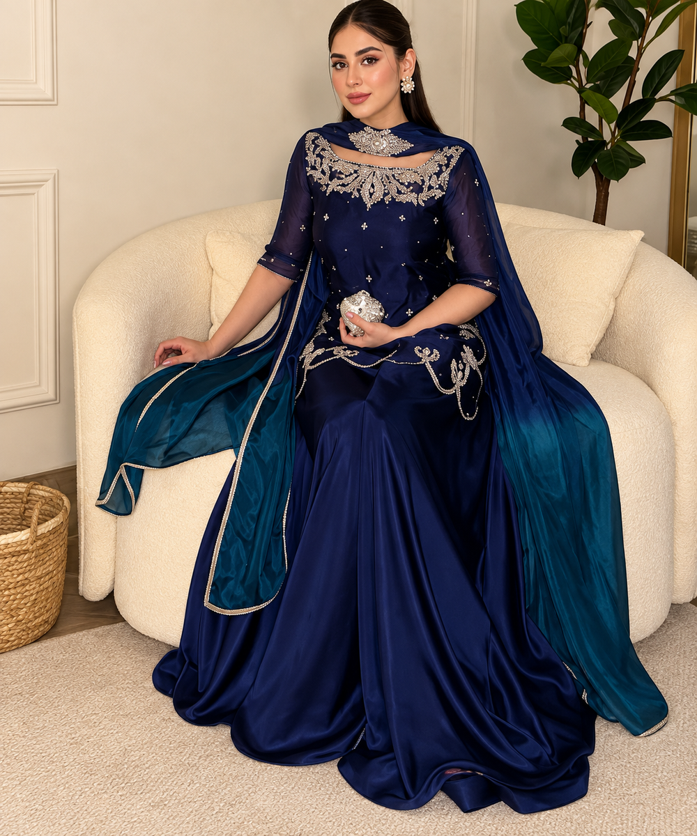 Navy Blue &amp; Teal Luxury Embroidered Formal Dress