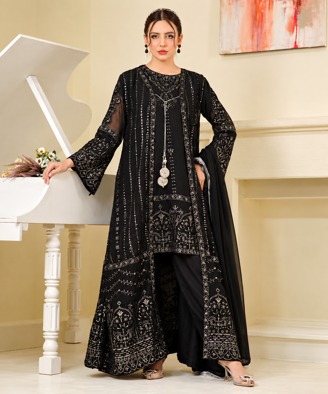 4pc heavy embroidered chiffon dress.black colour
