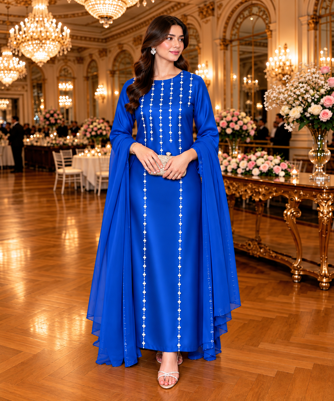 Royal Blue Pearl Embellished Formal Dress