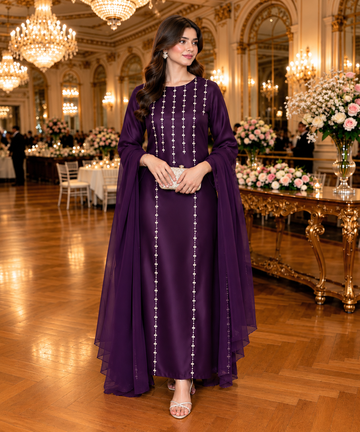 Elegant Plum Purple Pearl Embellished Formal Dress