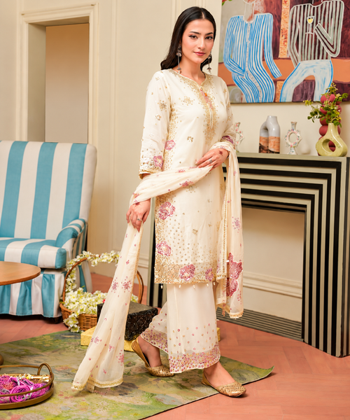 Cream Embroidered 3-Piece Suit