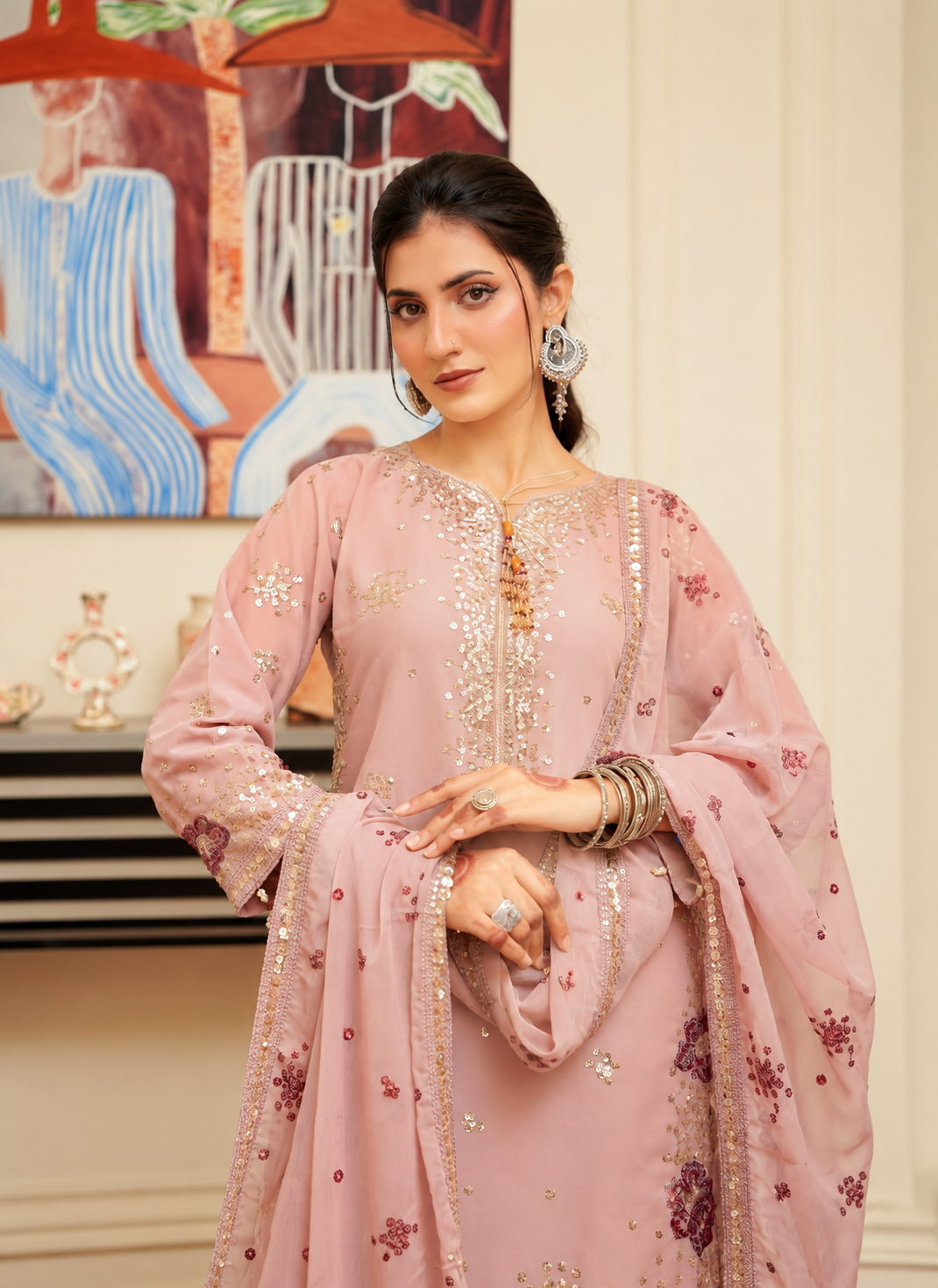 Elegant Pink Embroidered Suit