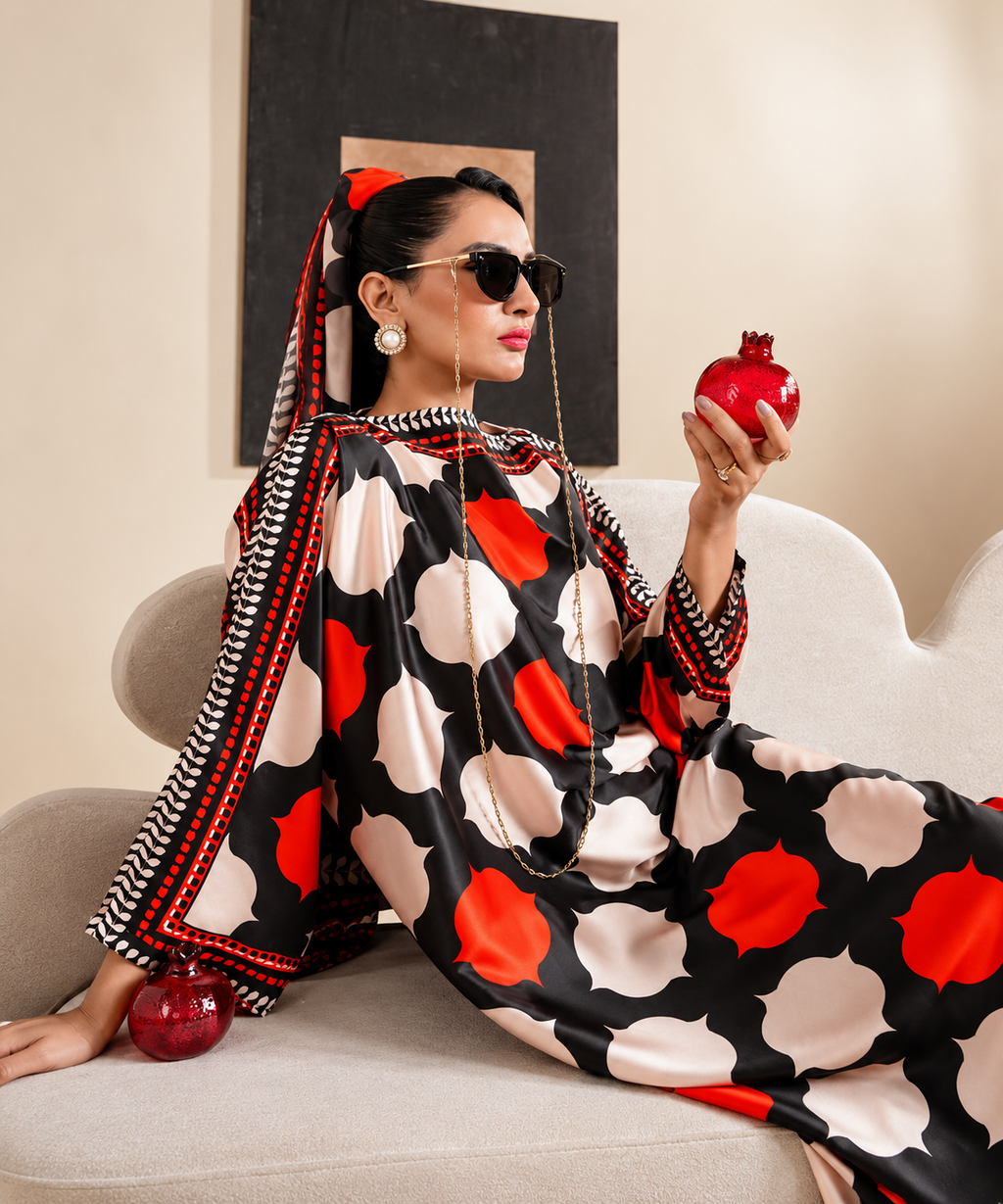 Black & Red Luxury Printed Kaftan Dress