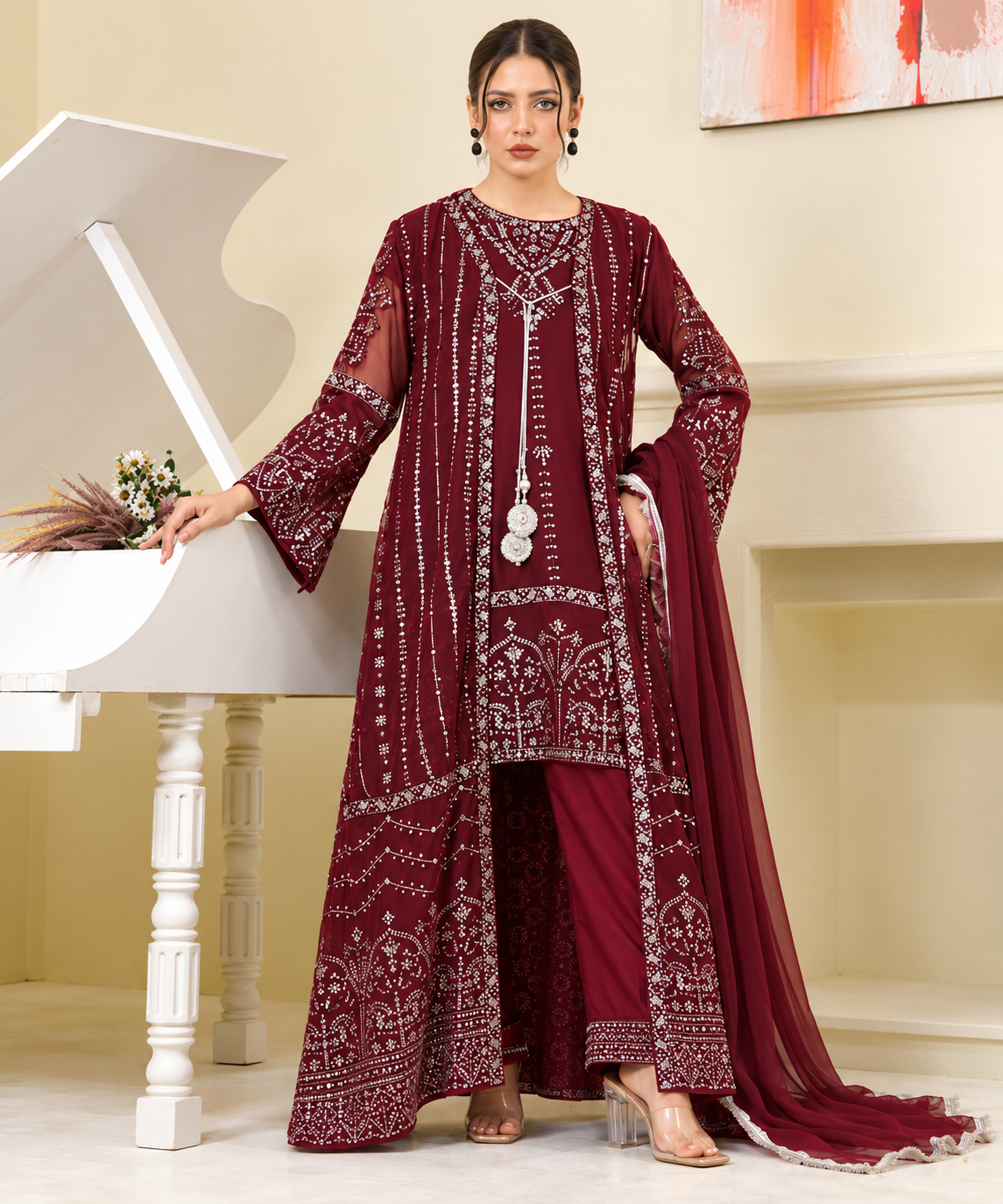 Elegant Maroon Embroidered 3-Piece Suit