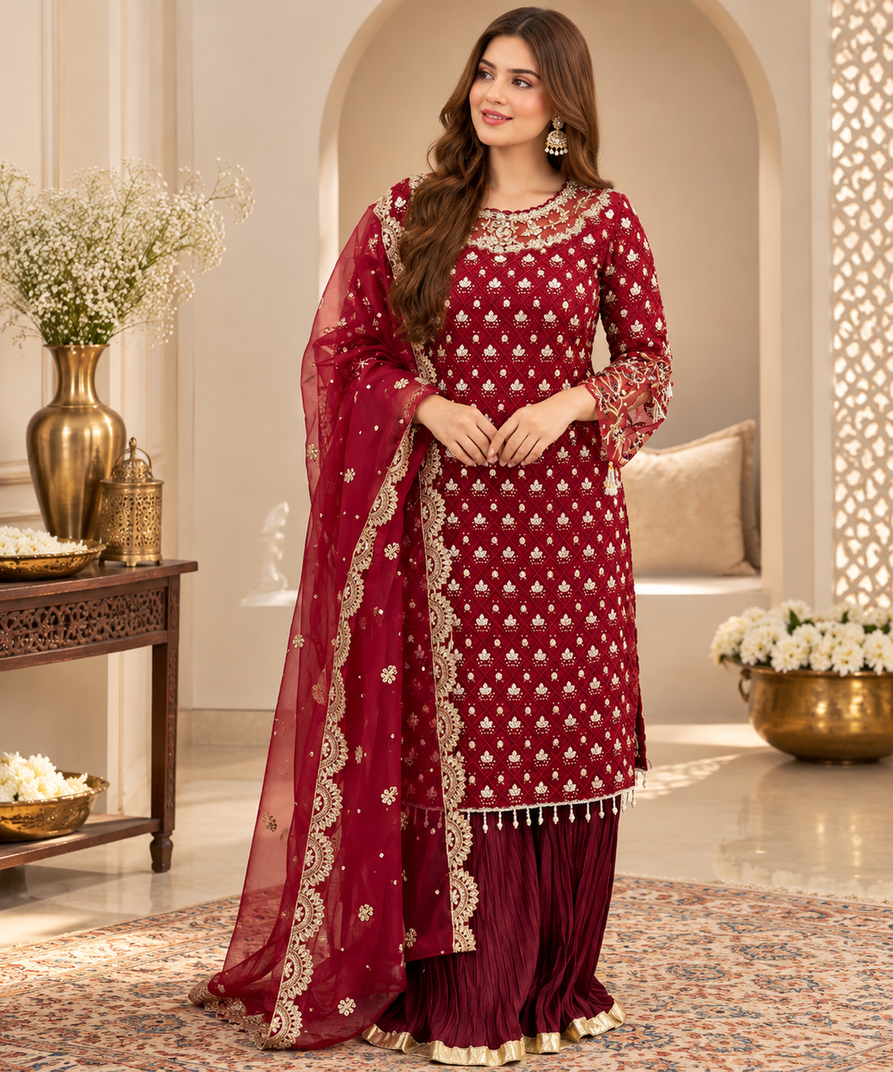 Maroon Gold Embroidered Luxury Sharara Suit