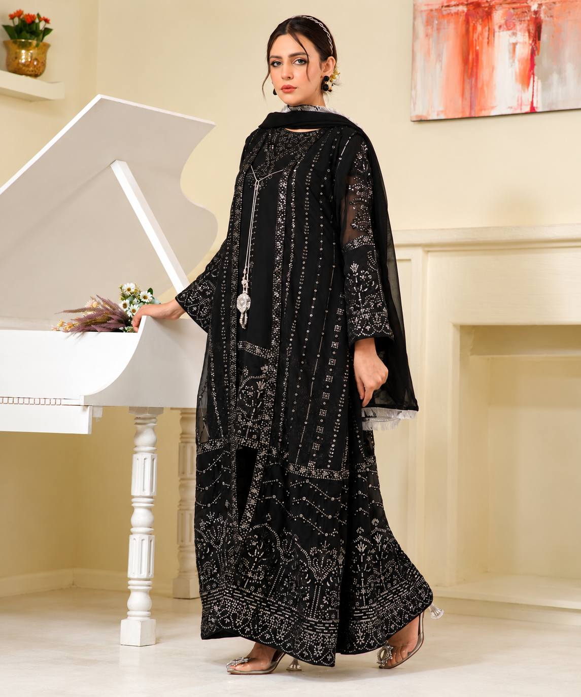 4pc heavy embroidered chiffon dress.black colour