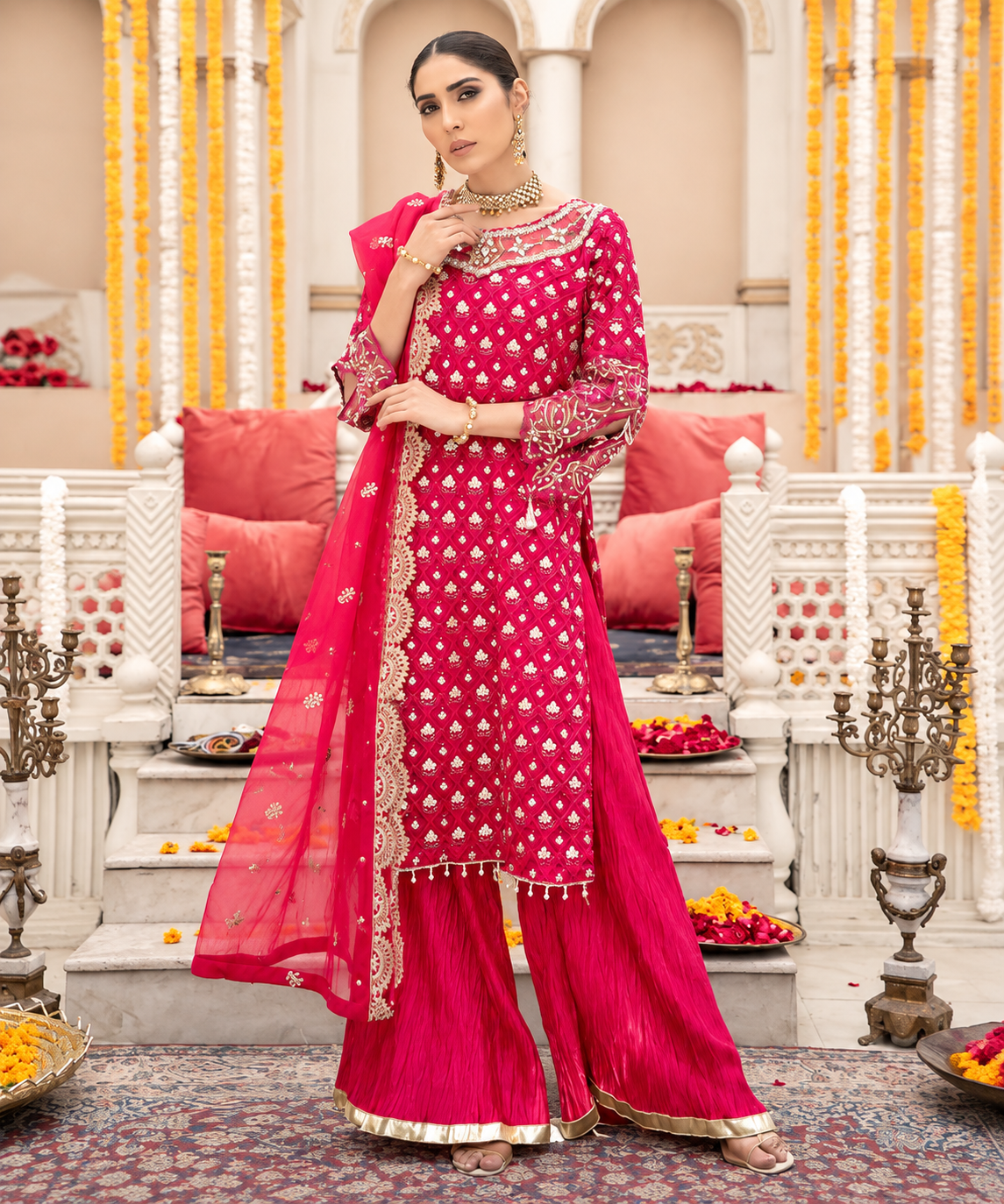 Fuchsia Pink Embroidered Festive Sharara Suit