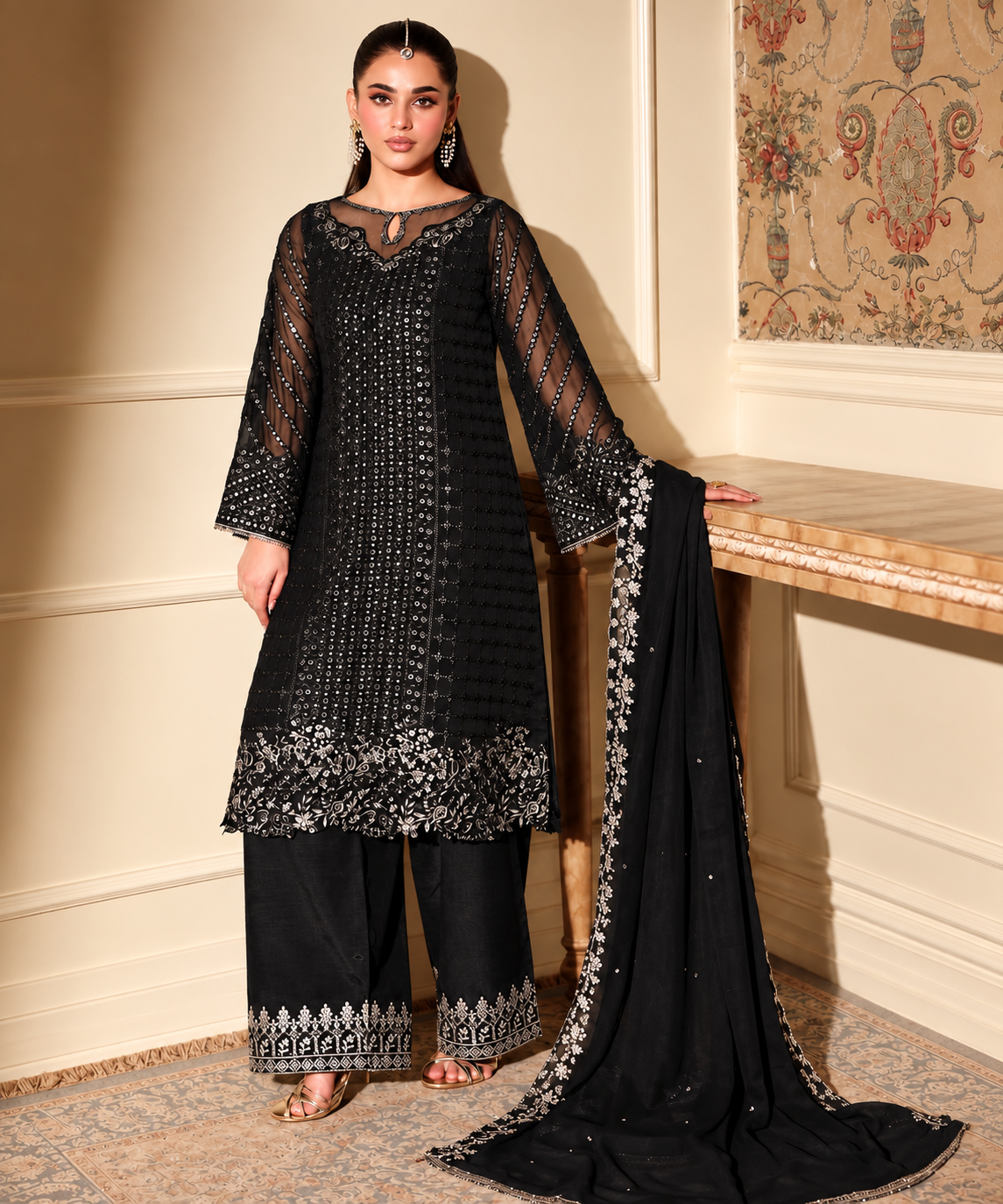 Elegant Black Embroidered 3-Piece Suit with Dupatta