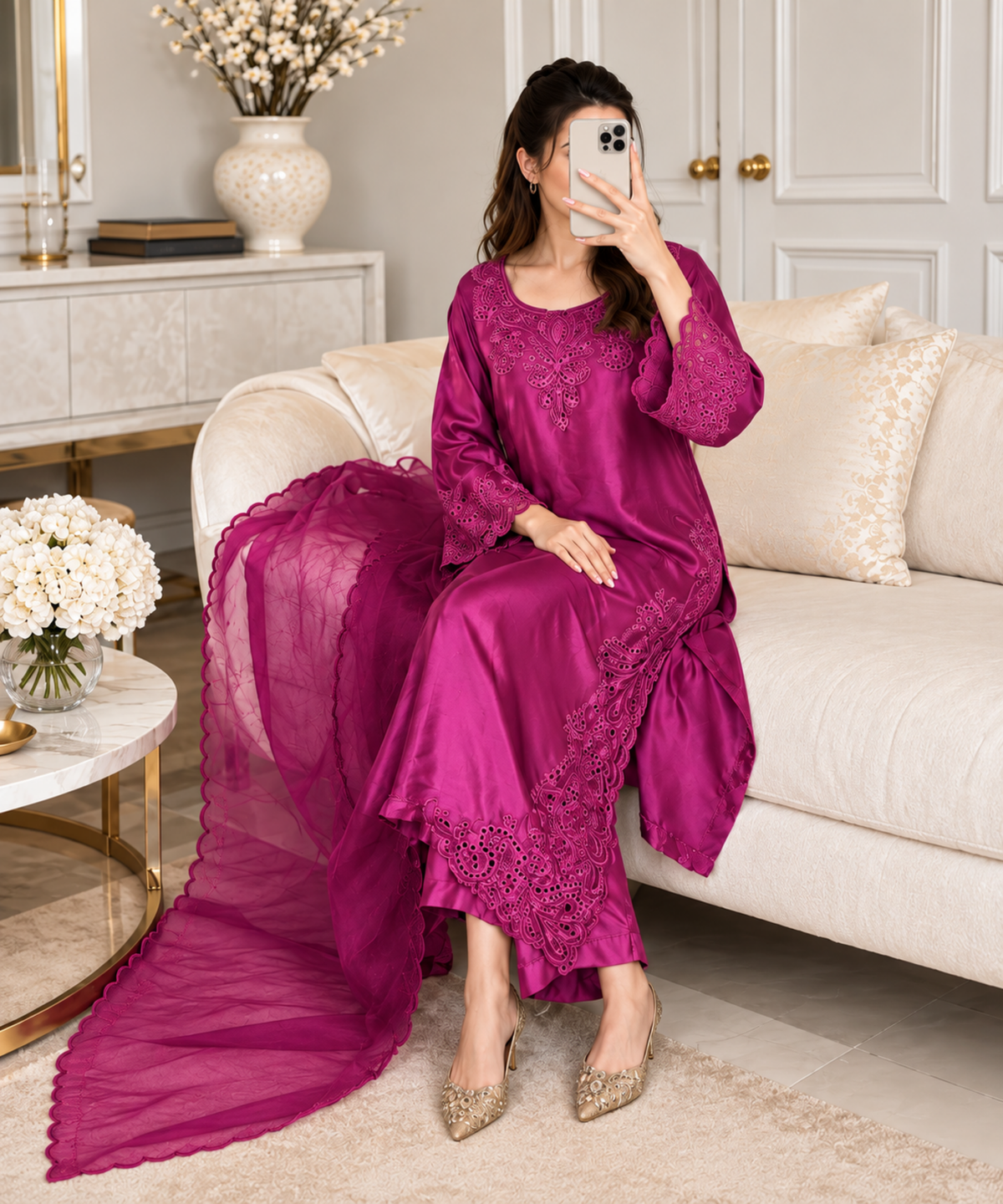 Magenta Embroidered Pakistani 3-Piece Suit