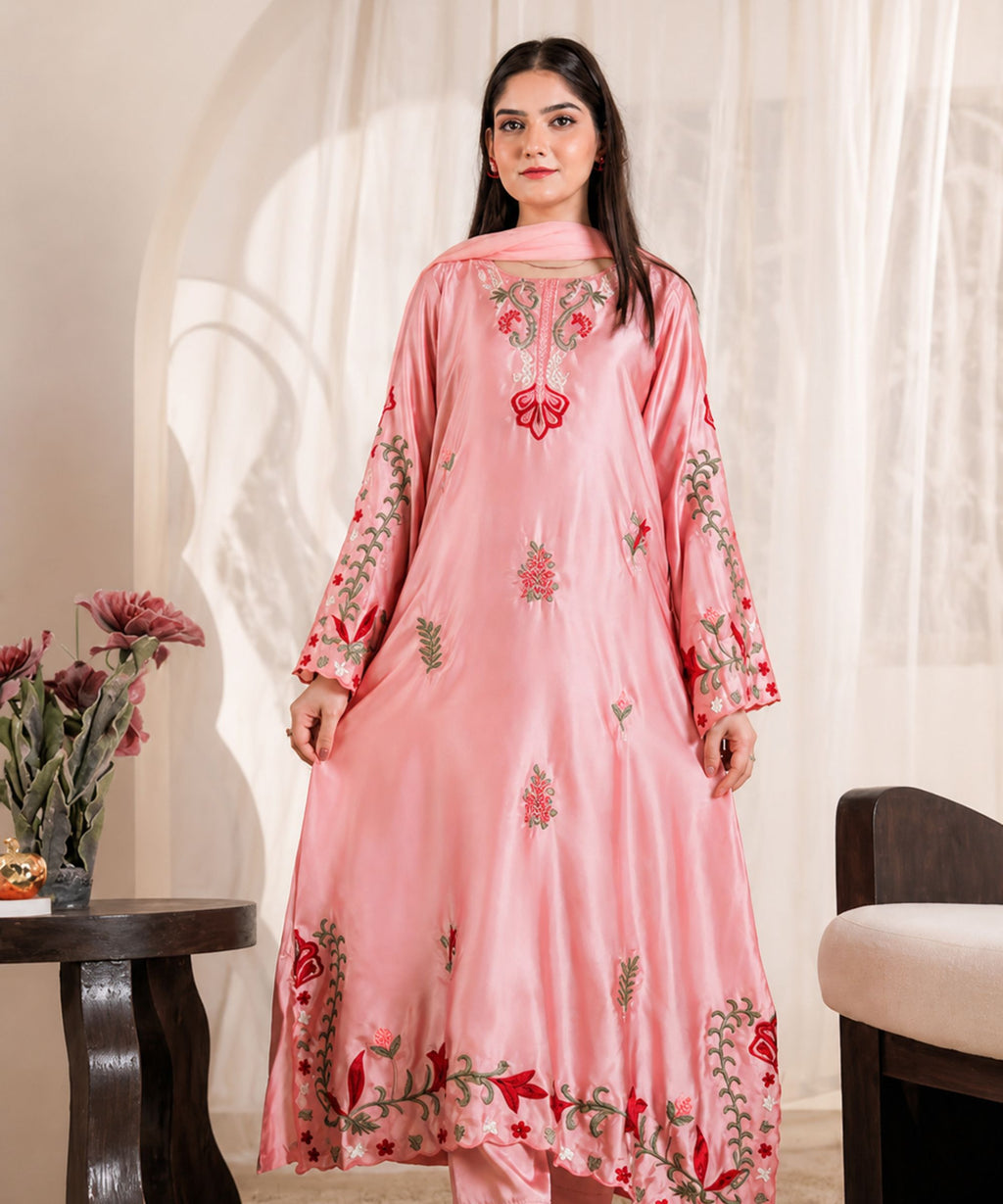 Pink Embroidered Satin Suit