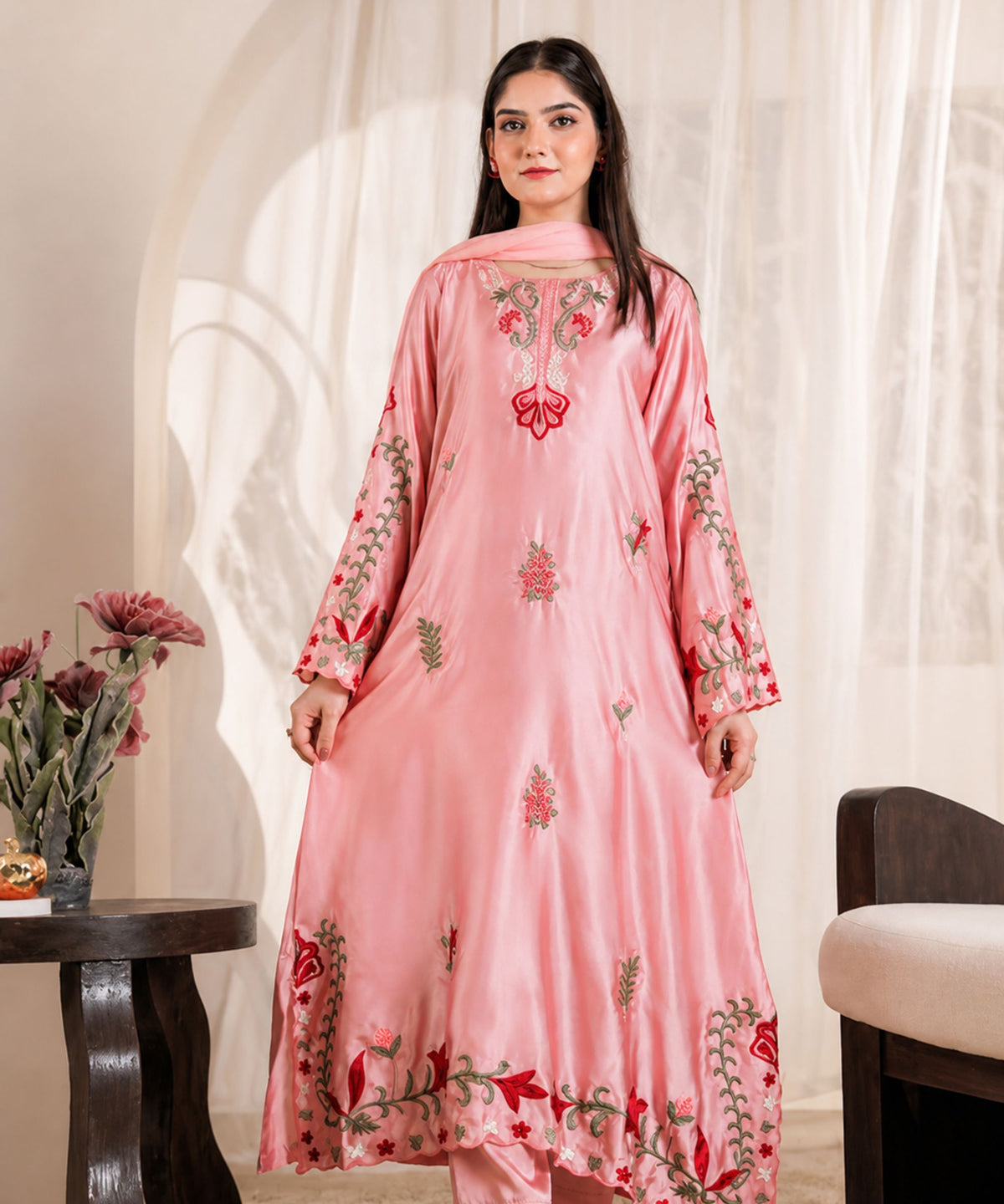 Pink Embroidered Satin Suit
