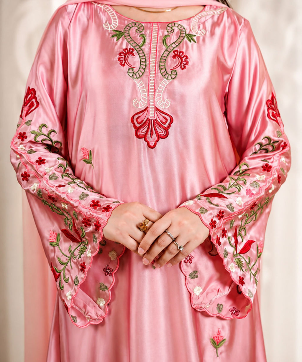 Pink Embroidered Satin Suit