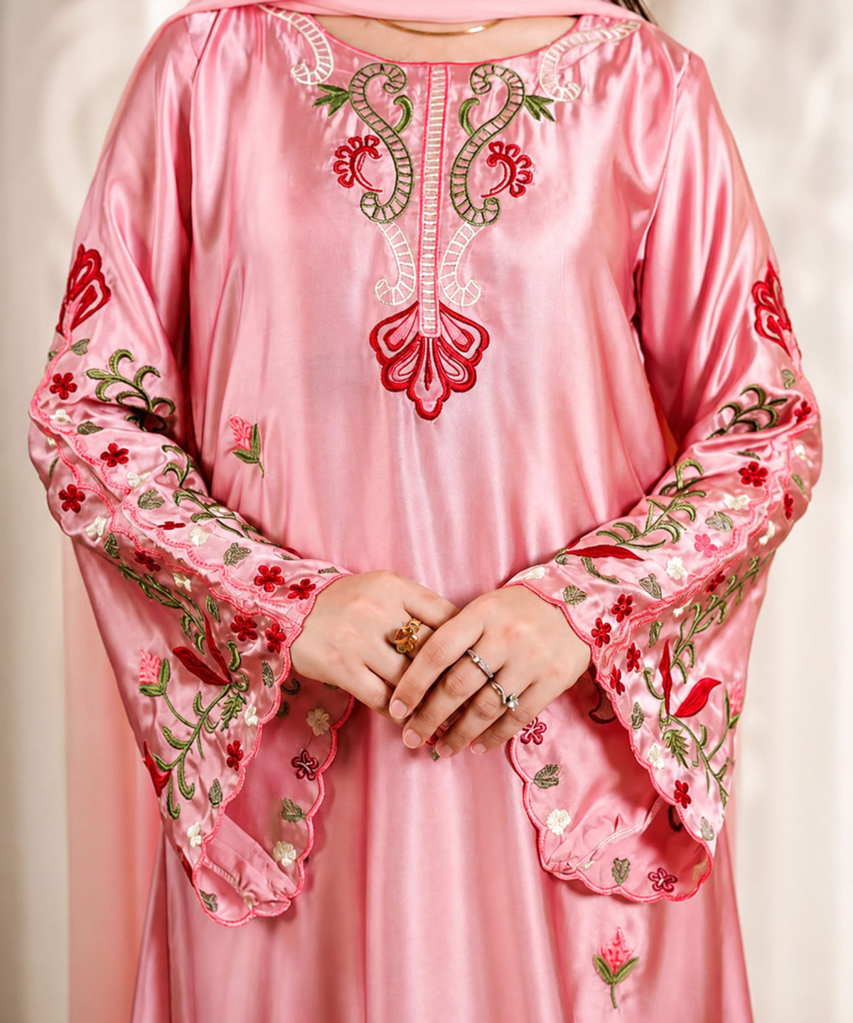 Pink Embroidered Satin Suit