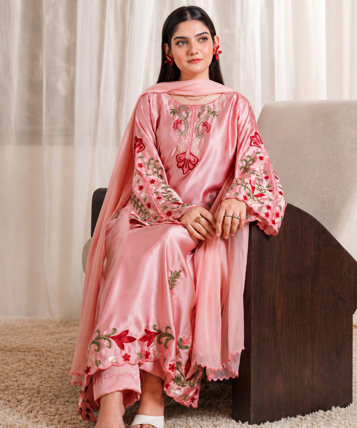 Pink Embroidered Satin Suit