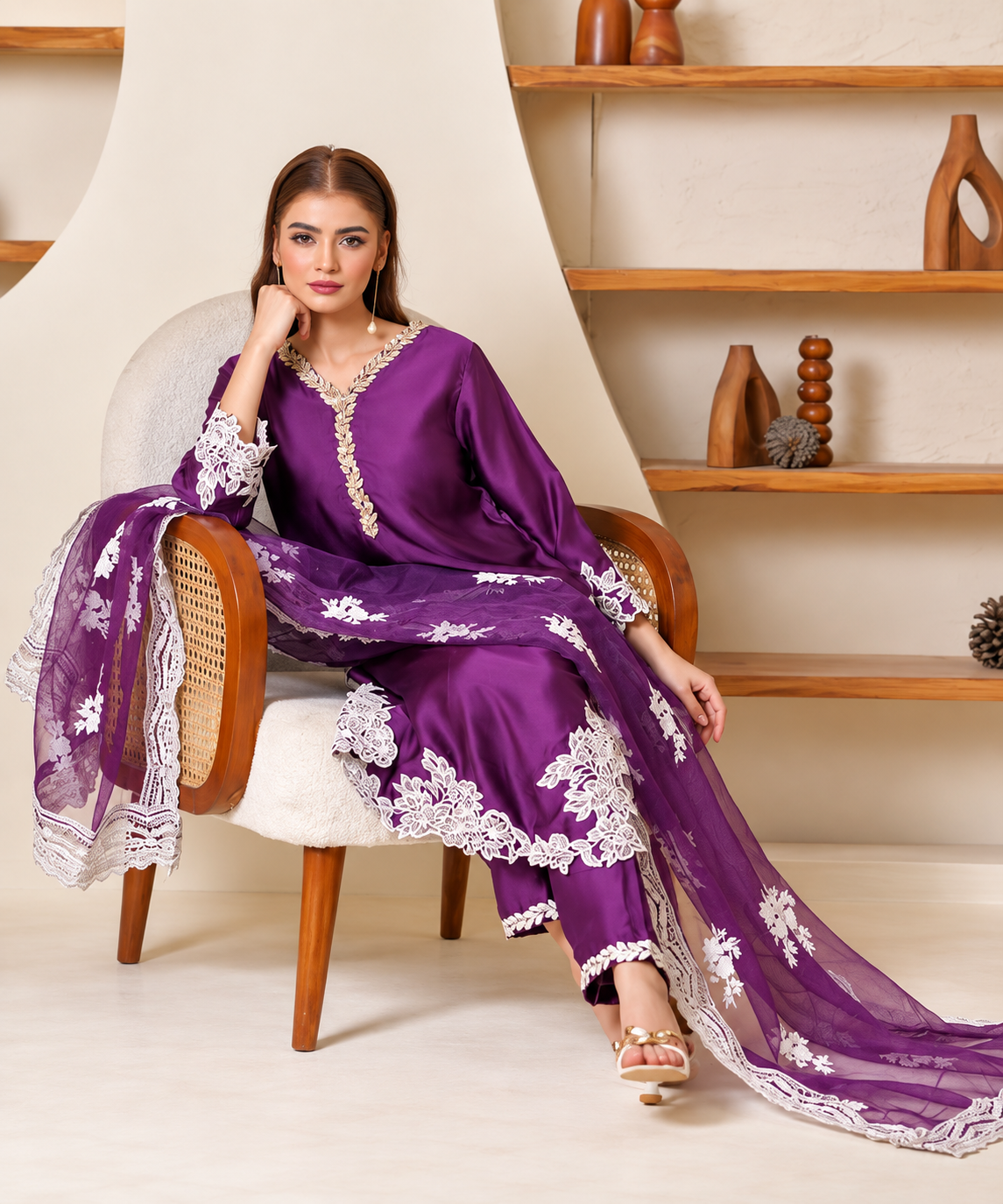 Royal Purple Satin Embroidered 3-Piece Suit