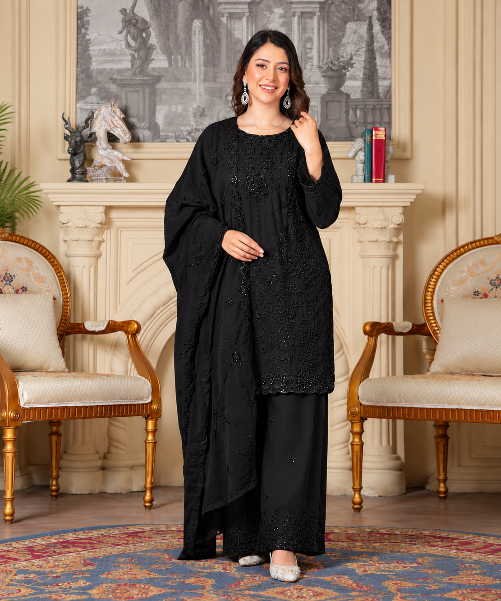 Elegant Black Embroidered 3-Piece Luxury Suit